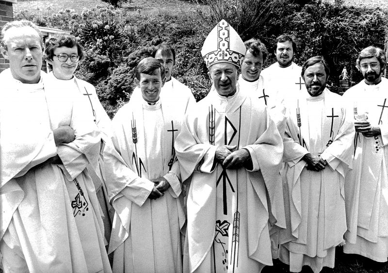 Bishop Mackey with young priests he ordained, from left: Vincent Jones, Patrick Dunn, David tonks, Lawrence Bishop (obscured); Peter Hay-McKenzie, John Tollan, Christ Hamblin, Grant Wild.