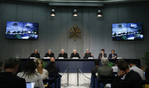 Vatican spokesman speaks during press conference for release of working document for extraordinary Synod of Bishops on family