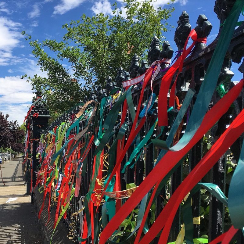 The iron fence of St Patrick's Cathedral, Ballarat, Australia, adorned with new ribbons placed by the community after the diocese had removed the previous ones after the royal commission. (Photo: Wikipedia)