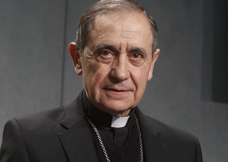 Bishop Juan Ignacio Arrieta, secretary of the Pontifical Council for Legislative Texts, attends a news conference at the Vatican in this May 9, 2019, file photo. Bishop Arrieta said the revised section of the Code of Canon Law dealing with crimes and penalties, including those related to clerical sexual abuse, should be ready for publication before the end of summer. (CNS Photo/Robert Duncan)