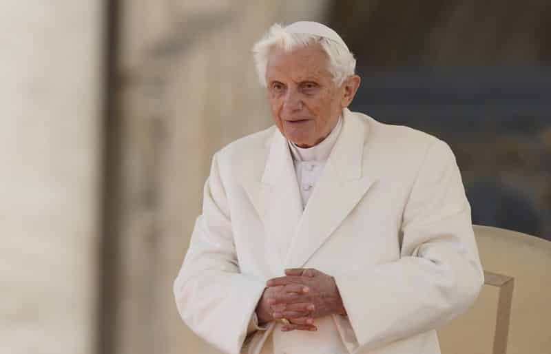 Pope Benedict XVI is pictured during his final general audience in St. Peter's Square at the Vatican in this Feb. 27, 2013, file photo. The retired pope released a statement Feb. 8 concerning the recent report on abuse in the Archdiocese of Munich and Freising, where he served as archbishop from 1977-1982. (CNS photo/Paul Haring)