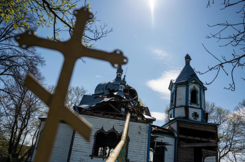 A view of a 19th-century wooden church, damaged by a rocket attack during the Russian invasion of the Zhytomyr region of Ukraine April 28, 2022. (CNS photo/Viacheslav Ratynskyi, Reuters)