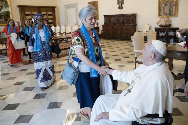 Maria Lia Zervino, an Argentine who is president of the World Union of Catholic Women's Organizations, greets Pope Francis June 11, 2022, during a meeting in the library of the Apostolic Palace at the Vatican. The Vatican announced July 13 that the pope had named Zervino to be a member of the Dicastery for Bishops. (CNS photo/Vatican Media)