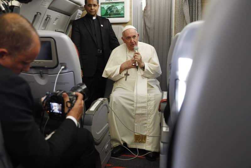 Pope Francis answers questions from journalists aboard his flight from Iqaluit, in the Canadian territory of Nunavut, to Rome July 29, 2022. (CNS photo/Paul Haring