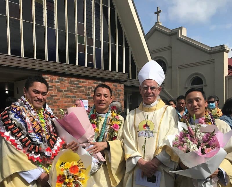 From left: Deacon Peter Chadwick, Deacon John the Baptist Suu Nguyen, Dunedin Bishop Michael Dooley and Deacon Joseph Long Nguyen.