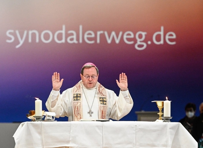 Bishop Georg Bätzing, president of the German bishops' conference, celebrates Mass during the third Synodal Assembly in Frankfurt Feb. 4, 2021. Vatican officials sent a letter to Bishop Bätzing to say the bishops do not have the authority to create a synodal body that supersedes the authority of the bishops' conference.(CNS photo/Julia Steinbrecht, KNA)