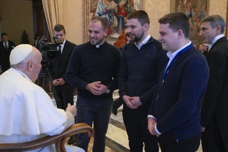 Pope Francis speaks to participants who attended his meeting with diocesan liturgy directors at the Vatican Jan. 20, 2023. The liturgists were attending a course at the Pontifical Institute of Liturgy in Rome. (CNS photo/Vatican Media)